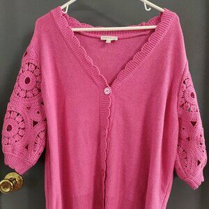 Crown & Ivy Women's XXL Cardigan Sweater Pink Eyelet Puff Short Sleeve